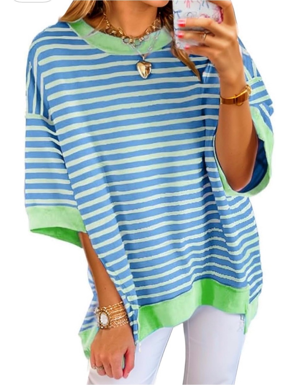 NWOT Striped Short-Sleeve Top in Blue & Lime - Unbranded Medium